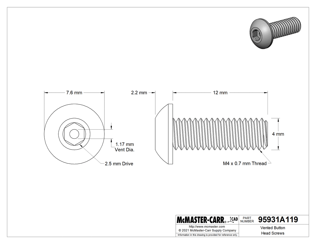 Technical Drawing of Vented Button Head Screws, M4 x 0.70mm Thread, 12mm Long.